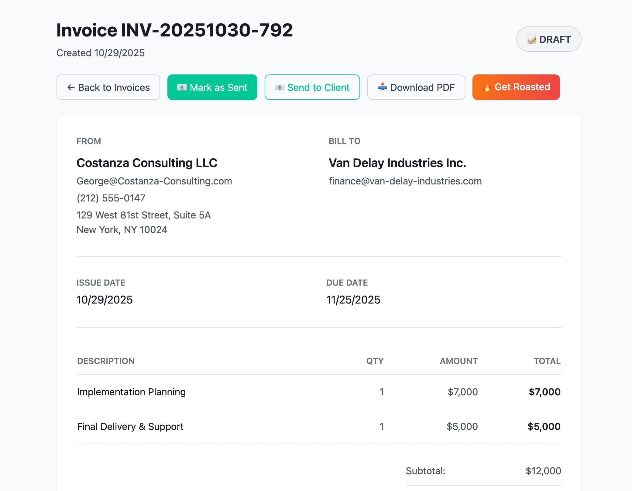 Professional invoice showing line items, totals, and send options