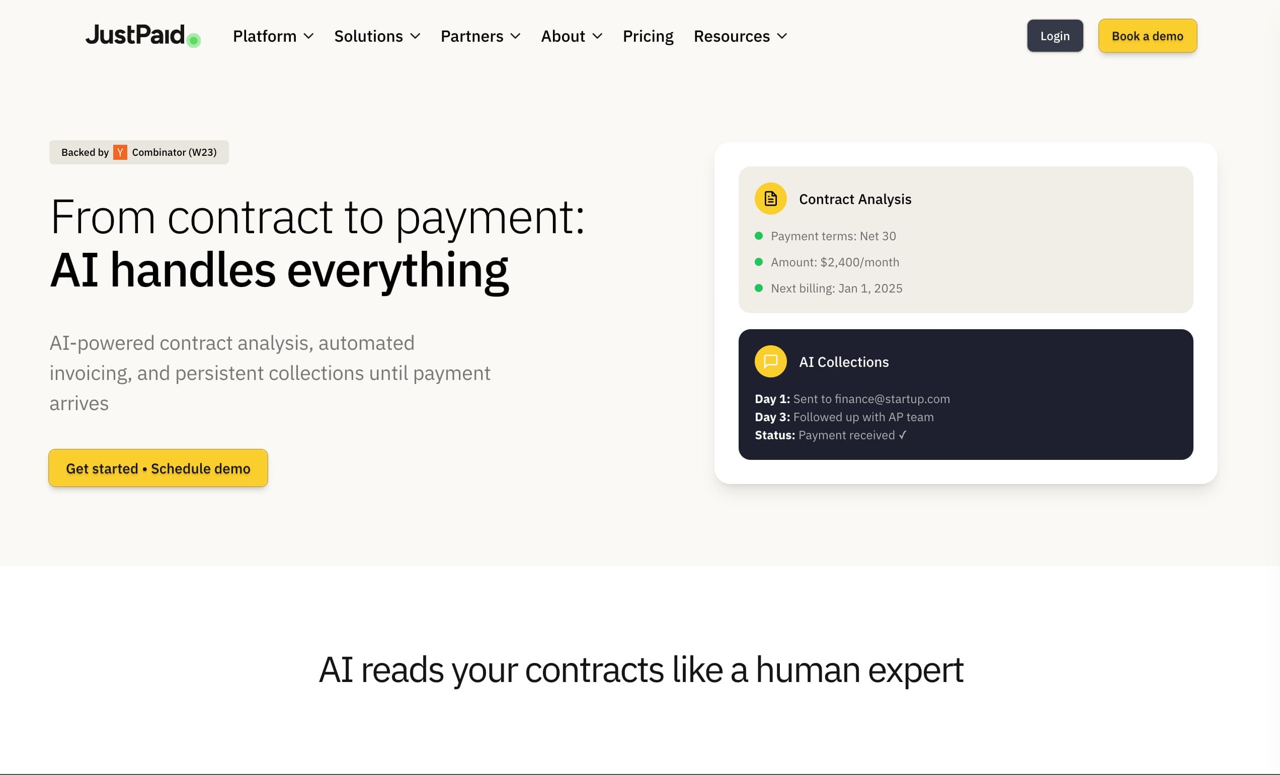 JustPaid contract analysis page showing AI extracts payment terms, amounts, billing dates from contracts