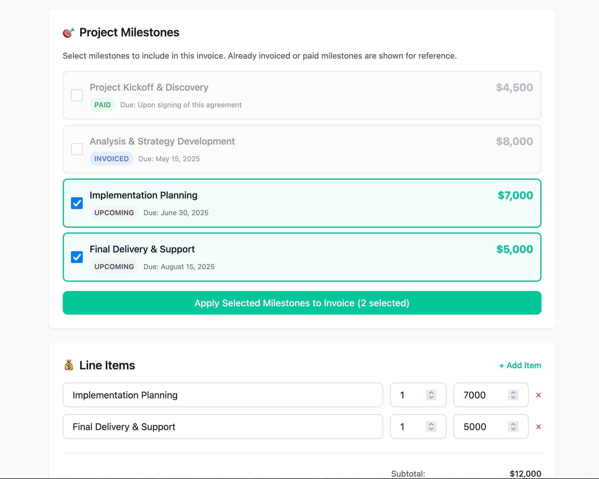 Milestone selection showing 4 project phases with amounts and due dates